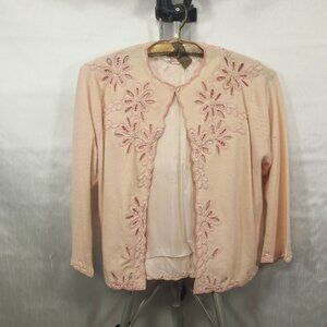 1950's Pink Wool Lacy Cut Beaded Cardigan by Helen Wong, Hong Kong - Needs Love!